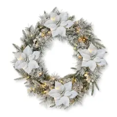 Glitzhome&reg; 24" Pre-Lit Snow Flocked Greenery Pine Poinsettia Christmas Wreath