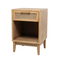 Wood Accent Table with Cane Front Drawer & Gold Handle Light Brown