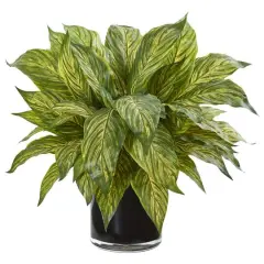 17" Musa Leaf Artificial Plant in Glossy Black Vase