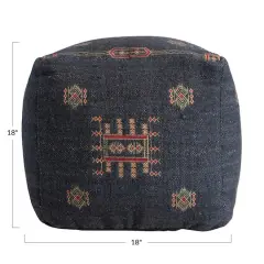 Hello Honey&reg; 18" Navy Global Cotton Tufted Pouf Ottoman with Geometric Embroidery