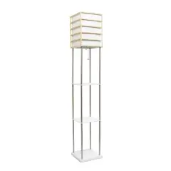 Lalia Home Metal Floor Lamp with Storage Shelves and Linen Shade White Shelves and Light Birch Wood