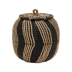 Hello Honey&reg; 9" Black & Natural Handwoven Rattan Basket with Lid