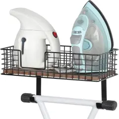 NEX&trade; Wall Mounted Ironing Board Hanger for T-Leg with Storage Basket Rustic Brown