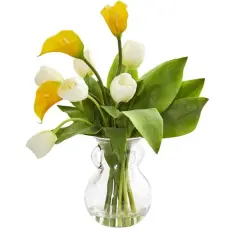 19" Calla Lily & Tulips Artificial Arrangement in Decorative Clear Vase Yellow and White