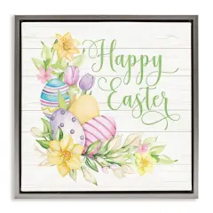 Stupell Industries Happy Easter Daffodils Floater Framed Art Gray