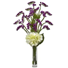 22" Hydrangea & Statice Bud Arrangement in Vase Purple/White