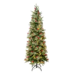6ft. Pre-Lit Feel-Real&reg; Virginia Pine Slim Artificial Christmas Tree with Berries & Pinecones, Warm White LED Lights