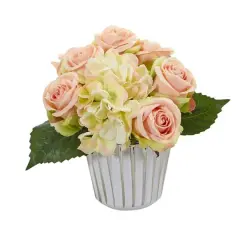 Rose and Hydrangea Bouquet Artificial in White and Silver Trimmed Vase