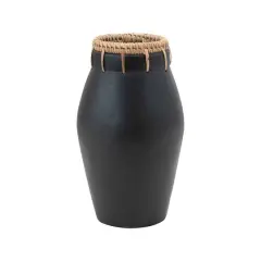 Hello Honey&reg; 11" Black Handmade Terra Cotta Vase with Rattan Stitching