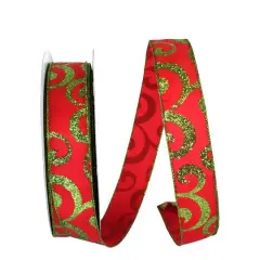 JAM Paper 1.5" x 50yd. Red & Green Scroll Wired Glitter Ribbon