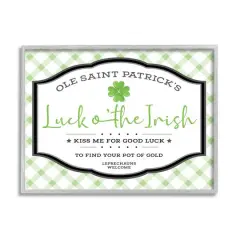 Stupell Industries Saint Patrick's Luck o'the Irish Sign Green Plaid Framed Giclee Art Gray