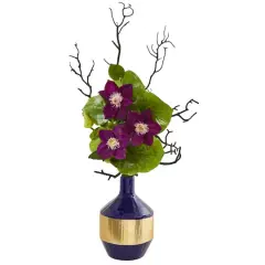 22" Anemone & Lotus Leaf Arrangement In Vase Purple