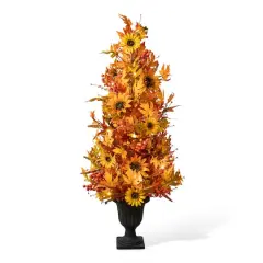 Glitzhome&reg; 48" Fall Lighted Maple Leaf & Sunflower Urn Porch Tree with Timer