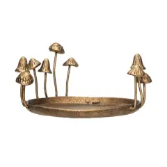 Hello Honey&reg; 8.5" Gold Decorative Cast Metal Tray with Mushrooms