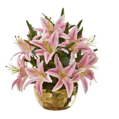 14" Lily Arrangement in Gold Vase Pink