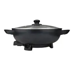 Brentwood 13" Black Nonstick Flat Bottom Electric Wok Skillet with Vented Glass Lid