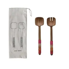 Hello Honey&reg; 12" Teakwood Kitchen Salad Servers with Rattan Wrapped Handles & Drawstring Bag