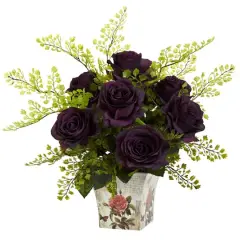 13" Rose & Maidenhair Fern in Floral Planter Purple Elegance
