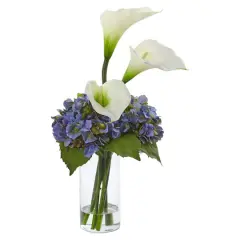 18" Calla Lily & Hydrangea Arrangement in Clear Vase White/Blue