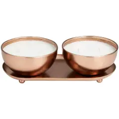 12oz. 2-Wick White Wax Tropical Breeze Scented Candle with Copper Container Bowls and Thin Oval Holding Tray Set