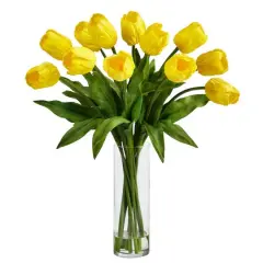 23" Artificial Tulip Arrangement with Cylinder Glass Vase Yellow