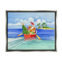Stupell Industries Santa's Delivery Tropical Christmas Boat Gold Framed Floater Canvas Wall Art Gray