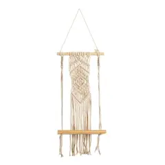 22" Boho Chic Wood Macrame Shelf with Diamond Weave