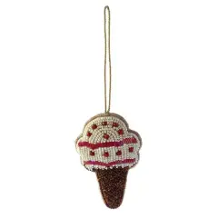 Hello Honey&reg; 4.25" Multicolor Fabric & Glass Beaded Ice Cream Cone Ornament