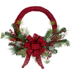 24" Red And Black Buffalo Plaid And Berry Artificial Wreath