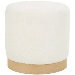 16" White Geometric Boucle Stool with Brown Wooden Base