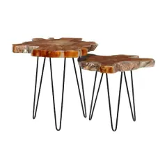 Brown Teak Wood Contemporary Accent Table Set