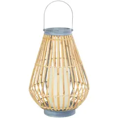 16" Brown Bamboo Handmade Open Framed Candle Lantern with Blue Metal Accents & Handle