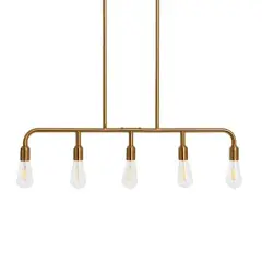 Hello Honey&reg; Robert Stevenson Lighting Benson Exposed Bulb Metal 5-Light Linear Chandelier Brushed Gold