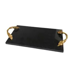 20.5" Black Marble Rectangular Tray with Gold Leaf Handles