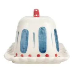 Hello Honey&reg; 6.75" White, Red & Blue Hand-Painted Stoneware Butter Dish