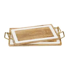White & Brown Mango Wood Modern Tray Set