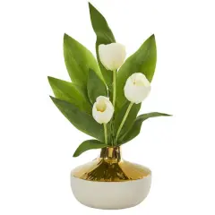 18" Tulip Arrangement In Gold & Cream Elegant Vase White