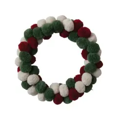 Hello Honey&reg; 18" Red, Green & Cream Color Round Wool Pom Pom Wreath