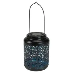 7" Black Integrated Floral LED Solar Outdoor Lantern with Handle