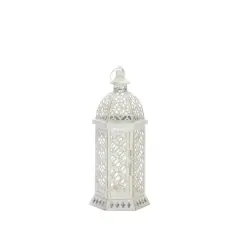 15.5" White Cutwork Hexagon Lantern