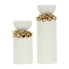 White Abstract Spotted Ceramic Pillar Candle Holder Set with Gold Leaf Accents