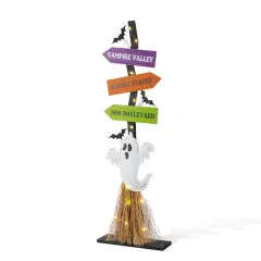 Glitzhome&reg; 41.75"H Lighted Halloween Wooden Ghost's Broom Porch Decor