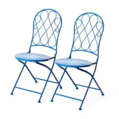 Glitzhome&reg; 36.5" Blue Outdoor Metal Folding Bistro Chairs with Ceramic Tiles Seat, 2ct.