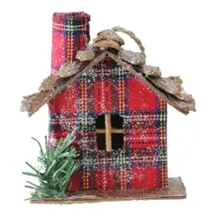 4" Frosted & Glittered Red & Brown Plaid Country Cabin Christmas Ornament