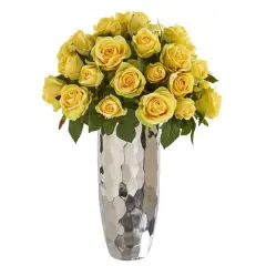 20" Rose Artificial Arrangement in Silver Vase Yellow