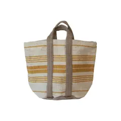 Hello Honey&reg; 24" Cream & Yellow Stripe Jute & Cotton Tote Bag Handles