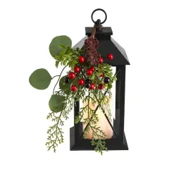 12" Berries & Greenery Metal Lantern Artificial Table Christmas Arrangement with LED Candle
