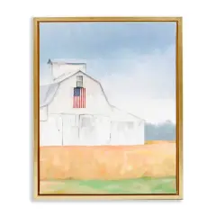 Stupell Industries American Flag White Country Barn Rural Scenery Floater Framed Art Gold