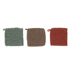 Hello Honey&reg; 8" Blue, Red & Brown Square Crocheted Cotton Pot Holder Set