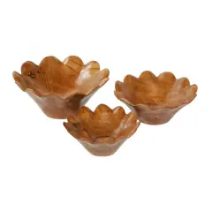 Natural Brown Flower Teak Wood Bowl Set